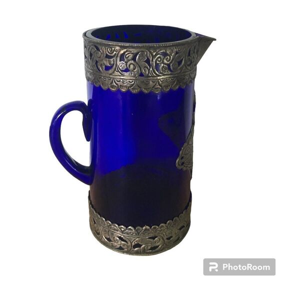 Cobalt Blue Glass Pitcher with Silver Toned Filigree Design 64oz Art Deco - Picture 4 of 7